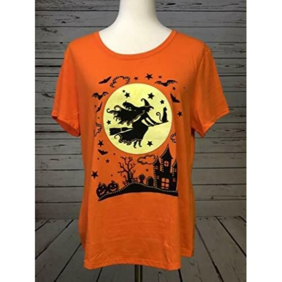 Halloween Witch T-Shirt XL Extra Large 16 18 Orange Tee Shirt NWT Glow in Dark - Picture 1 of 6